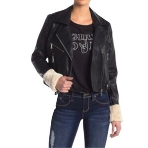 Vigoss Faux Leather Faux Fur Biker Jacket in Black Cream Size Medium